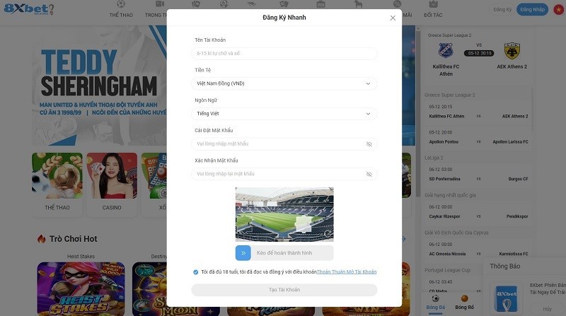 Giao diện đăng ký 8xbet
